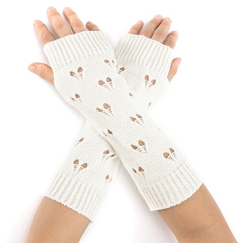 Warm Knitted Acrylic Fiber Heart Half Sleeve Gloves, Women's Autumn and Winter Exposed Finger Sleeve, White, 290x90mm