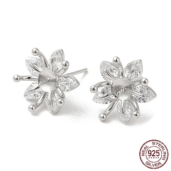 Rhodium Plated 925 Sterling Silver Stud Earring Findings, with Cubic Zirconia, Flower, for Half Drilled Beads, Real Platinum Plated, 12x12x5mm, Pin: 0.7mm