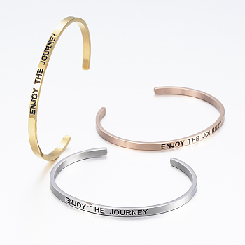 304 Stainless Steel Inspirational Cuff Bangles, with Enamel & Word Word Enter The Journey, Mixed Color, 2-1/2 inchx2 inch(62x52mm)