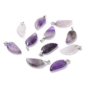 Natural Amethyst Pendants, Wing, Platinum, 29x15x6mm, Hole: 4mm