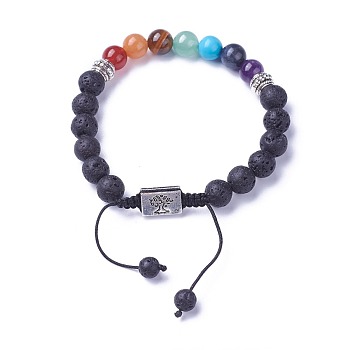 Chakra Jewelry, Natural & Synthetic Mixed Stone Braided Bead Bracelets, with Natural Lava Rock, Alloy Findings and Nylon Cord, Rectangle with Tree, 52~76mm