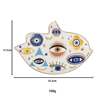 Porcelain Jewelry Plate, Storage Tray for Rings, Necklaces, Earring, Bird with Evil Eye Pattern, Colorful, 115x163mm