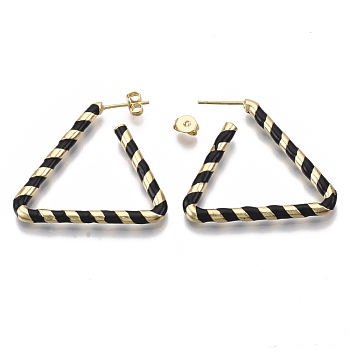 Brass Stud Earrings, with Enamel and Earring Backs, Triangle, Real 18K Gold Plated, Black, 35x31x3mm, Pin: 0.7mm