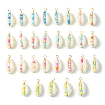 30Pcs Natural Cowrie Shell Pendants, with Glass Seed Beads, Shell Shape Charms with Golden Tone Copper Wire Loops, Mixed Color, 29.5x14.5x8.5mm, Hole: 2.3mm