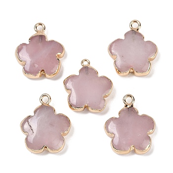 Natural Rose Quartz Pendants, Flower Charms with Brass Findings, Golden, 23~24x21x6mm, Hole: 1.8mm