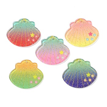 Printed Acrylic Pendants, with Glitter, Shell Shape Charm, Mixed Color, 32x37.5x2mm, Hole: 1.2mm