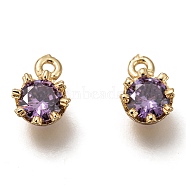 Brass Micro Pave Cubic Zirconia Charms, Flower, Golden, Lilac, 9x6.5x4mm, Hole: 1.2mm(X-ZIRC-I051-03G-02)