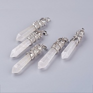 Natural Quartz Crystal Big Pointed Pendants, Rock Crystal, with Alloy Findings, Faceted, Bullet, Platinum, 59~63x11~12mm, Hole: 4x7mm(G-G738-A-40)