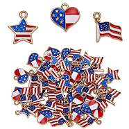 60Pcs Alloy Enamel Pendants, American Flag Theme Charms, Heart & Flag & Star Shape Charms, for July 4th Independence Day Ornament Jewelry Making, Golden, 14~17x16~17mm, Hole: 1.5mm(JX113A)