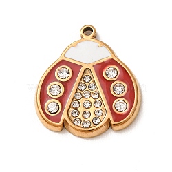 304 Stainless Steel Rhinestone Pendants, Ladybug Charms, with Enamel, Golden, 21x19x2.5mm, Hole: 1.2mm(RB-CBA862B-01G)