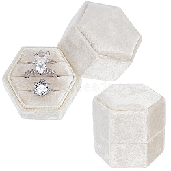 3-Slot Hexagonal Velvet Ring Boxes, Jewelry Gift Boxes for Rings, Stud Earrings Storage, Linen, 4.65x5.3x5.05cm(AJEW-WH0471-26A)