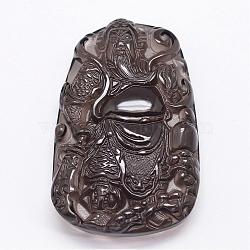 Natural Ice Crystal Obsidian Carven Pendants, Kwan Kung, Black, 57x36x10mm, Hole: 1mm(G-A169-008)