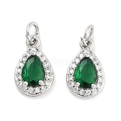 Brass with Cubic Zirconia Pendants, with Jump Ring, Cadmium Free & Nickel Free & Lead Free, Teardrop, Green, Platinum, 13.5x8.5x4mm, Hole: 3.4mm(KK-P271-32P)