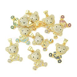 Brass Micro Pave Cubic Zirconia Pendants, Bear Head Charm, Real 18K Gold Plated, Mixed Color, 20.5x15x5mm, Hole: 4.5x3.5mm(ZIRC-F138-08G)