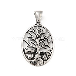 304 Stainless Steel Pendants, Oval with Tree, Antique Silver, 35x25x2.5mm, Hole: 8.5x4.5mm(STAS-P309-20AS)