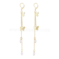 Leverback Dangle Earring, with Plastic Imitation Pearl Beads, Brass Filigree Charms, Twisted Chains and Brass Leverback Hoop Earrings, Butterfly, Golden, 126mm, Pin: 0.7x0.6mm(X-EJEW-JE04072)