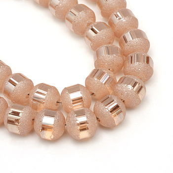 Electroplate Glass Bead Strands, Frosted, Rainbow Plated, Round, Light Salmon, 8~9mm, Hole: 1.5mm, about 72pcs/strand, 24.4 inch