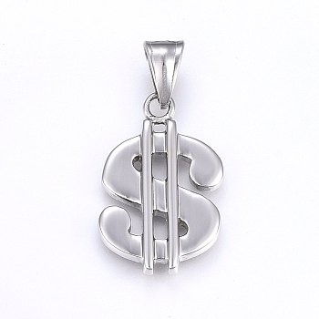 304 Stainless Steel Pendants, Dollar Sign, Stainless Steel Color, 29x19x4mm, Hole: 9x5mm