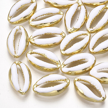 Alloy Enamel Beads, Cowrie Shell Shape, Light Gold, White, 16.5x10x4.5mm, Hole: 1.2mm