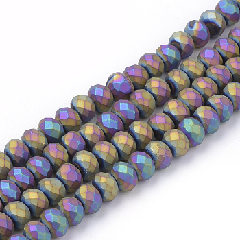 Electroplate Glass Beads Strands, Faceted, Matte Style, Rondelle, Colorful, 8x6mm, Hole: 1mm, about 72pcs/strand, 17.3 inch