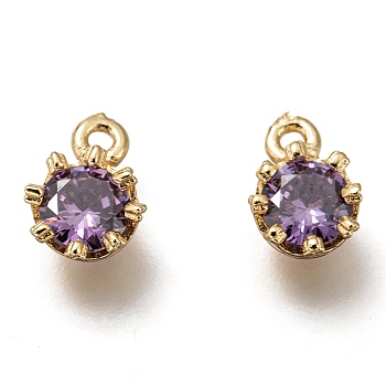 Brass Micro Pave Cubic Zirconia Charms, Flower, Golden, Lilac, 9x6.5x4mm, Hole: 1.2mm