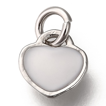 Enamel Brass Charms, Long-Lasting Plated, Heart, Platinum, White, 7.5x7.5x2.5mm, Hole: 2.8mm