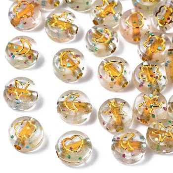 Transparent Clear Acrylic Beads, with Glitter Powder, Flat Round with Random Letters, Gold, 7x3.5mm, Hole: 1.5mm, about 3600~3700pcs/500g