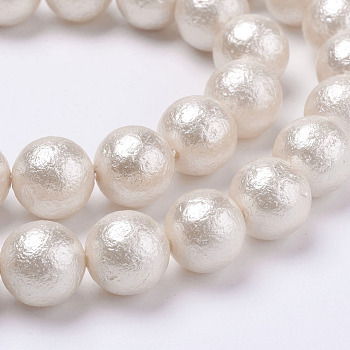 Wrinkle Textured Shell Pearl Beads Strands, Round, White, 6mm, Hole: 1mm, about 34pcs/strand, 7.7 inch(19.75cm)