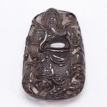 Natural Ice Crystal Obsidian Carven Pendants, Kwan Kung, Black, 57x36x10mm, Hole: 1mm