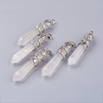 Natural Quartz Crystal Big Pointed Pendants, Rock Crystal, with Alloy Findings, Faceted, Bullet, Platinum, 59~63x11~12mm, Hole: 4x7mm