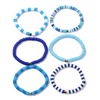Handmade Polymer Clay Heishi Beads Stretch Bracelets Sets, with Golden Plated Stainless Steel Spacer Beads, Blue, Inner Diameter: 2 inch(5.2cm), 6pcs/set