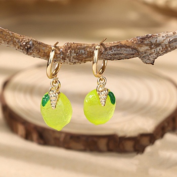 Luminous Fruits Alloy Resin Stud Dangle Earrings, Glow in the Dark, Golden, Lemon, 49x18mm