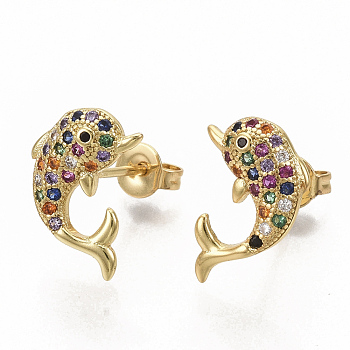 Brass Micro Pave Colorful Cubic Zirconia Stud Earrings, with Earring Backs, Dolphin, Real 16K Gold Plated, 12x9mm, Pin: 0.7mm