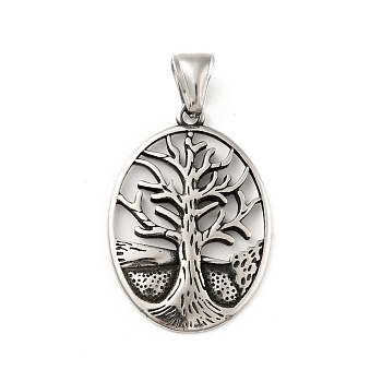 304 Stainless Steel Pendants, Oval with Tree, Antique Silver, 35x25x2.5mm, Hole: 8.5x4.5mm
