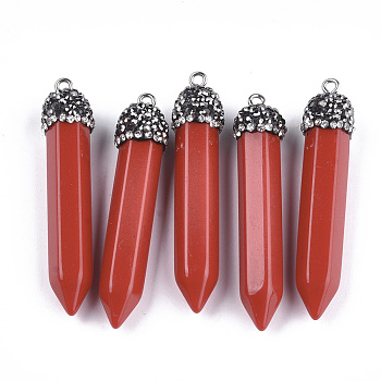 Opaque Acrylic Pointed Pendants, with Polymer Clay Rhinestone and Iron Findings, Bullet, Platinum, Orange Red, 53~55x11~12mm, Hole: 2mm