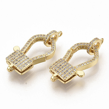Brass Micro Pave Clear Cubic Zirconia Lobster Claw Clasps, with Tube Bails, Real 16K Gold Plated, 25x14.5x5.5mm, Hole: 1.6mm