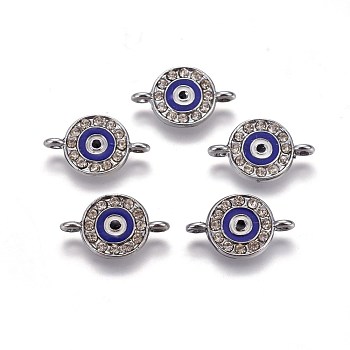 Enamel Links connectors, with Rhinestone and Alloy Findings, Flat Round with Eye, Silver Color Plated, 19.5x12x2.5mm, Hole: 1.4mm