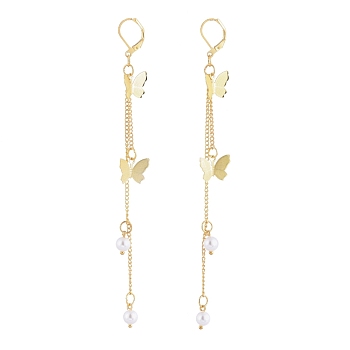 Leverback Dangle Earring, with Plastic Imitation Pearl Beads, Brass Filigree Charms, Twisted Chains and Brass Leverback Hoop Earrings, Butterfly, Golden, 126mm, Pin: 0.7x0.6mm