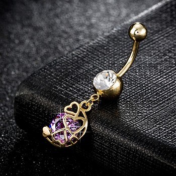Piercing Jewelry, Brass Cubic Zirconia Navel Ring, Belly Rings, with Surgical Stainless Steel Bar, Cadmium Free & Lead Free, Real 18K Gold Plated, Purple, 40x9mm, Bar: 15 Gauge(1.5mm), Bar Length: 3/8"(10mm)
