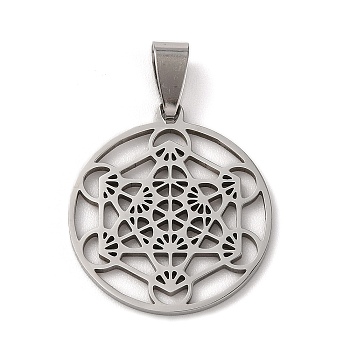 201 Stainless Steel Pendants, Hollow, Geometry Metatron Cube Charm, Stainless Steel Color, 28x25x1.5mm, Hole: 9x4.5mm