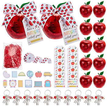 12Pcs Teachers' Day Apple Shaped Transparent Plastic Jewelry Gift Storage Boxes, with Paper Filler, Paper Gift Tags, Alloy Enamel Keychains, Polyester Ribbons, Pad Sticky Notes and PET Twist Ties, Red, 9x11.5cm