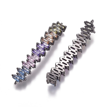 Brass Micro Pave Cubic Zirconia Links connectors, Rectangle, Colorful, Gunmetal, 44x7x3.5mm, Hole: 0.8mm