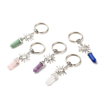 Natural Mixed Gemstone Keychain, with Tibetan Style Alloy Pendants, Charm Carrier Barrel Tube Bails and Iron Split Key Rings, Sun with Bullet, 9.8cm