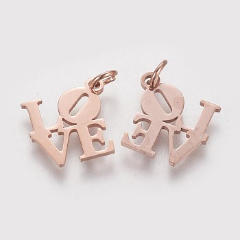 304 Stainless Steel Pendants, Word Love, Rose Gold, 16x16x1mm, Hole: 3mm