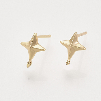 Brass Stud Earring Findings, Nickel Free, with Loop, Real 18K Gold Plated, Star, Star: 9.5x7mm, Hole: 0.9mm, Pin: 0.8mm