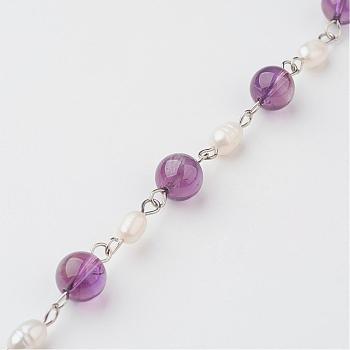 Handmade Chains for Necklaces Bracelets Making, with Amethyst, Grade A Natural Freshwater Pearl and 304 Stainless Steel Eye Pin, Unwelded, 39.37 inch(1m)