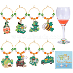 8Pcs Brass Wine Glass Charm Rings, with Alloy Pendant & Glass, Mixed Color, 52~60mm(AJEW-SC00080)