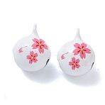 Baking Paint Brass Bell Pendants, Ball with Sakura, White, 23x18x18mm, Hole: 2.5mm(KKB-S002-019C)