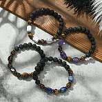 Natural Mixed Gemstone Cuboid & Lava Rock Round Beaded Stretch Bracelet, Inner Diameter: 2-1/4 inch(5.6cm)(BJEW-JB09795)
