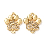 Brass Micro Pave Clear Cubic Zirconia Paw Print Links Connector Charms, Rack Plating, Long-Lasting Plated, Cadmium Free & Lead Free, Real 18K Gold Plated, 17x14.5x3mm, Hole: 1.6mm(CU-CBA2907-09G)